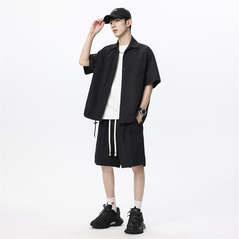 Men's Loose Shorts Casual Shirt Hemp Light Breathable Non-stick Two-piece Set