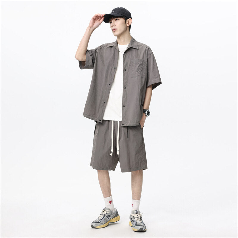 Men's Loose Shorts Casual Shirt Hemp Light Breathable Non-stick Two-piece Set