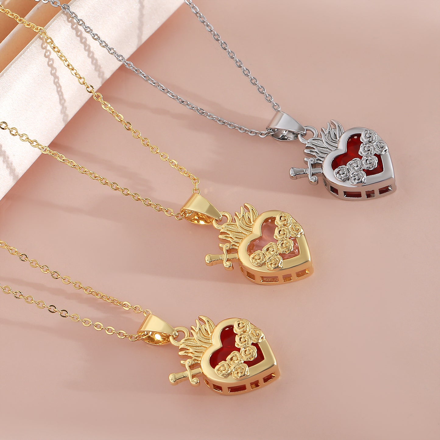Red Loving Heart Zircon Necklace Female Sacred Heart Cross One Arrow Through Heart Rose Exquisite Clavicle Chain With Diamond