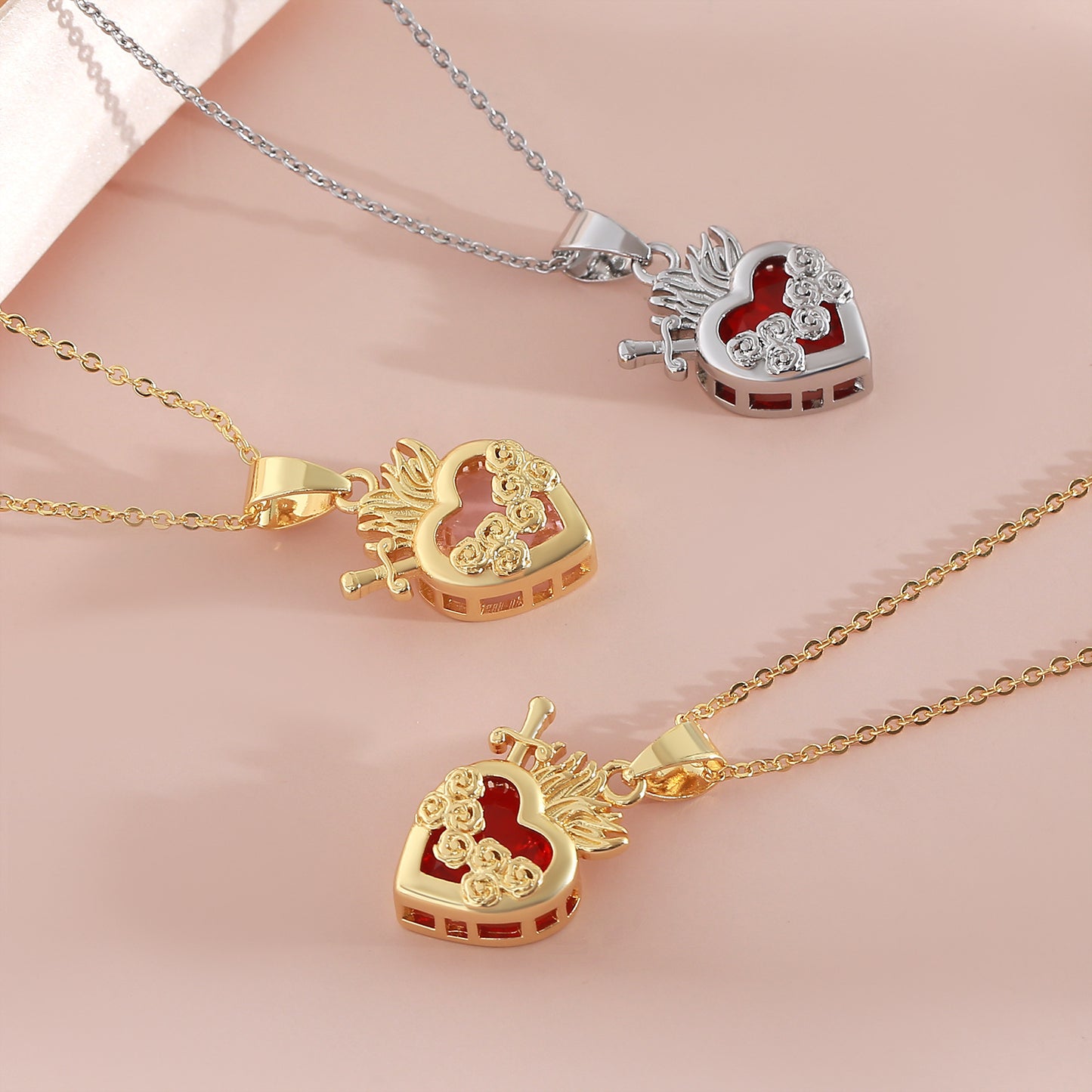 Red Loving Heart Zircon Necklace Female Sacred Heart Cross One Arrow Through Heart Rose Exquisite Clavicle Chain With Diamond