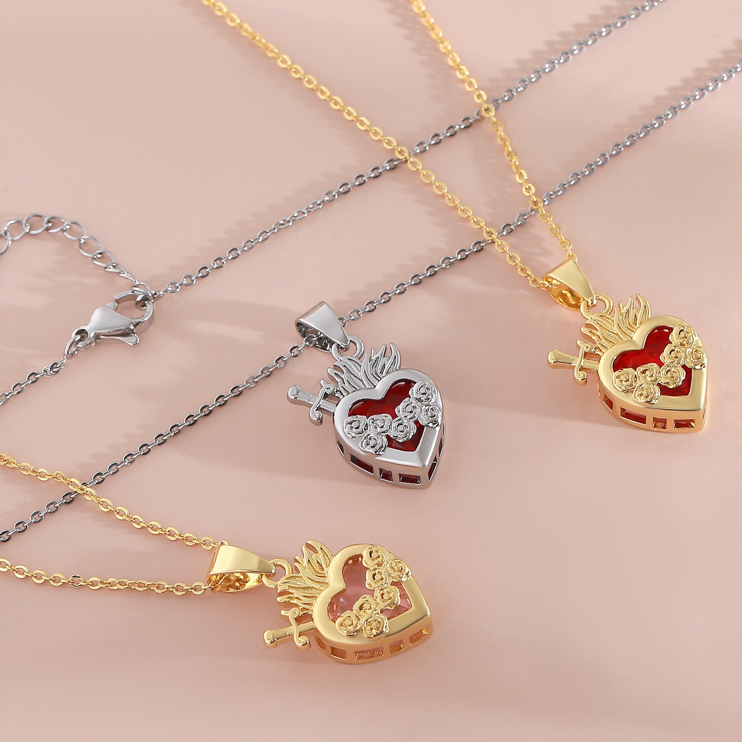 Red Loving Heart Zircon Necklace Female Sacred Heart Cross One Arrow Through Heart Rose Exquisite Clavicle Chain With Diamond