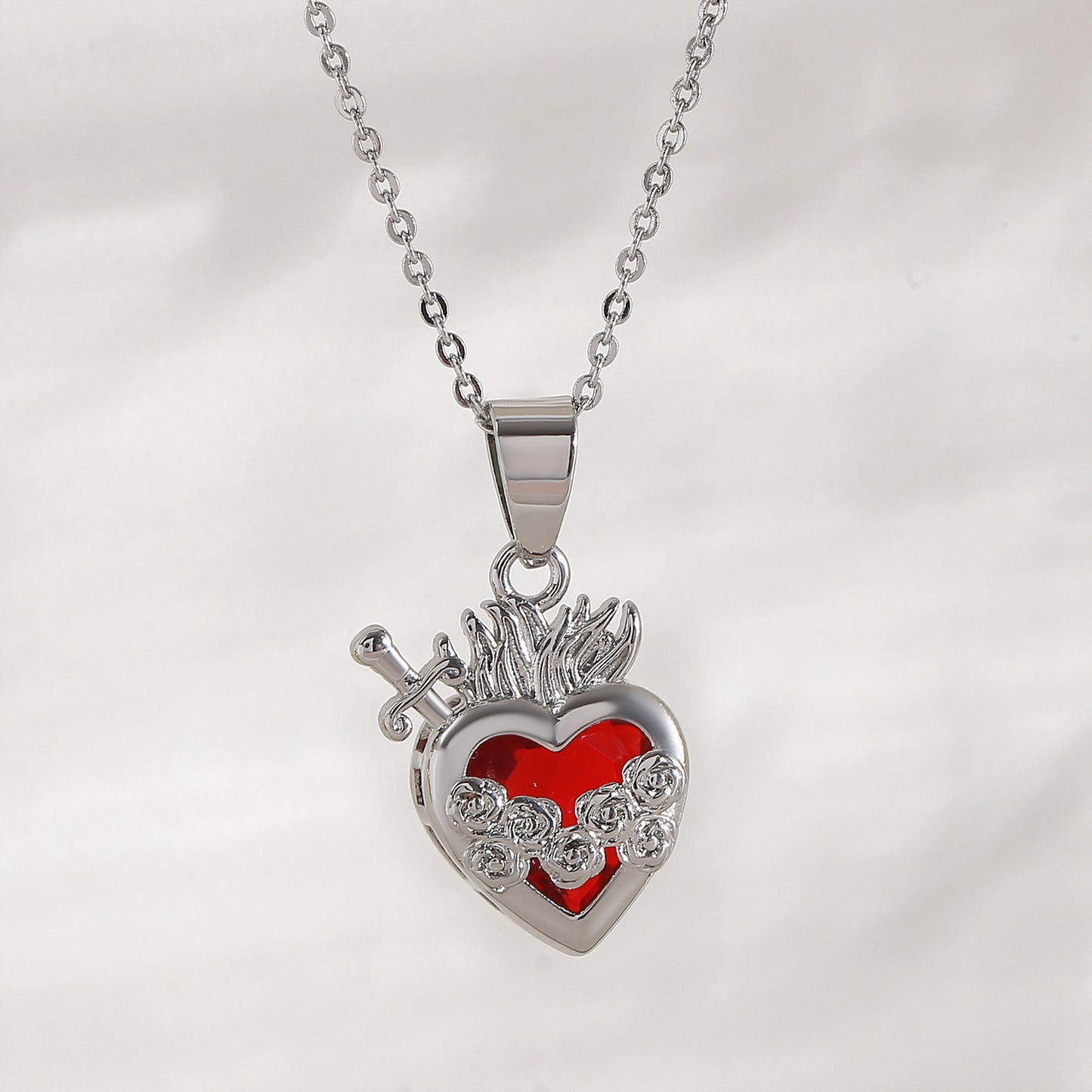 Red Loving Heart Zircon Necklace Female Sacred Heart Cross One Arrow Through Heart Rose Exquisite Clavicle Chain With Diamond