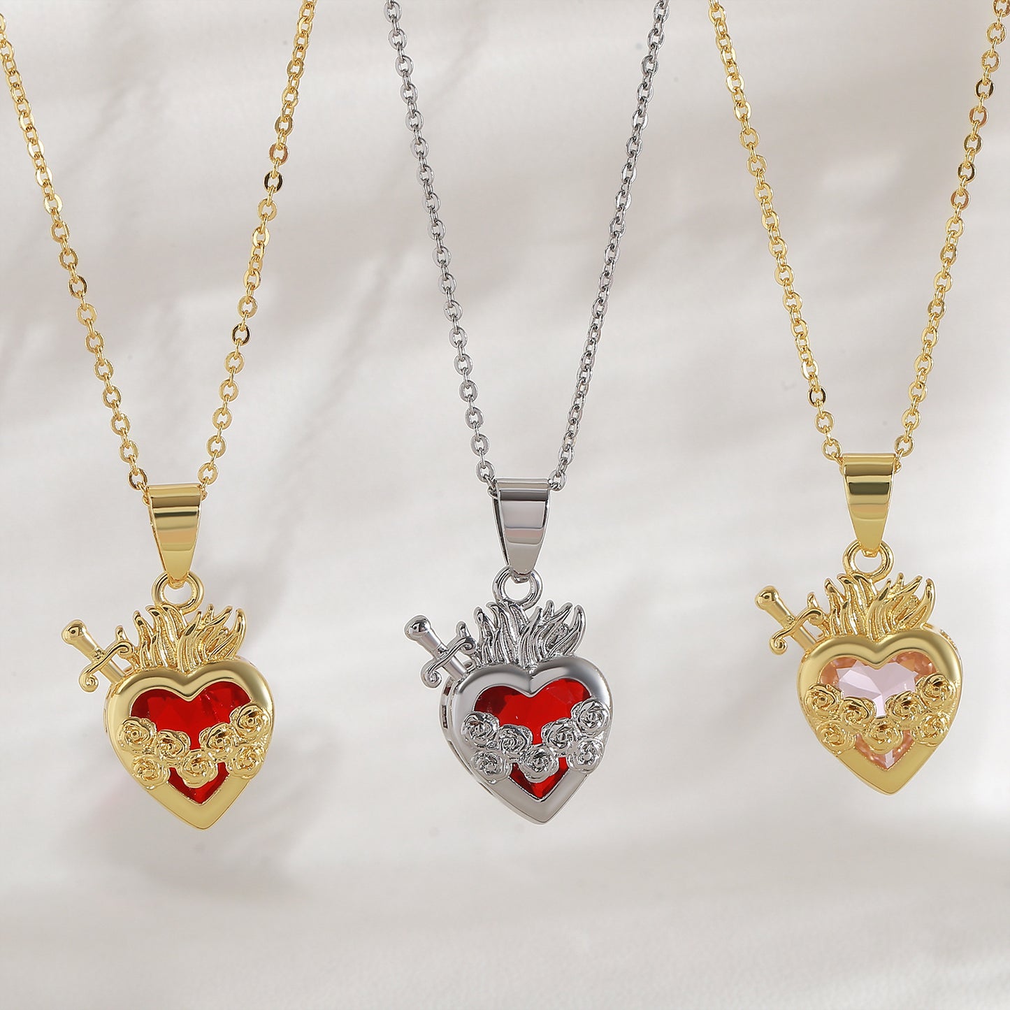 Red Loving Heart Zircon Necklace Female Sacred Heart Cross One Arrow Through Heart Rose Exquisite Clavicle Chain With Diamond