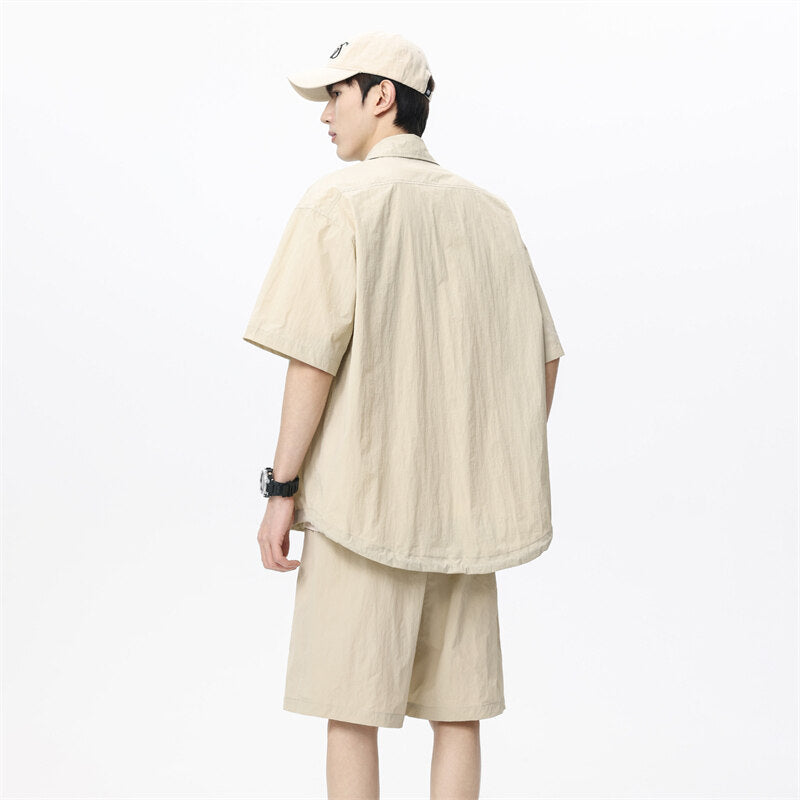Men's Loose Shorts Casual Shirt Hemp Light Breathable Non-stick Two-piece Set